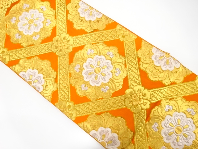 服部織物製　斜め格子に華紋織り出し　袋帯